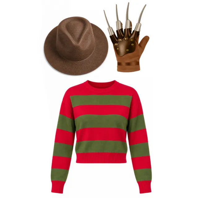 Red and green knitted crop top jumper shown with a hat and claw glove