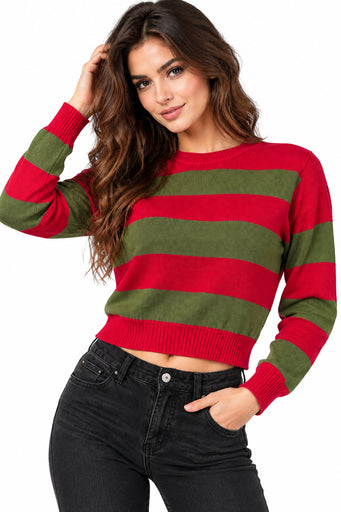 Red and green striped knitted crop top jumper with a cropped hem