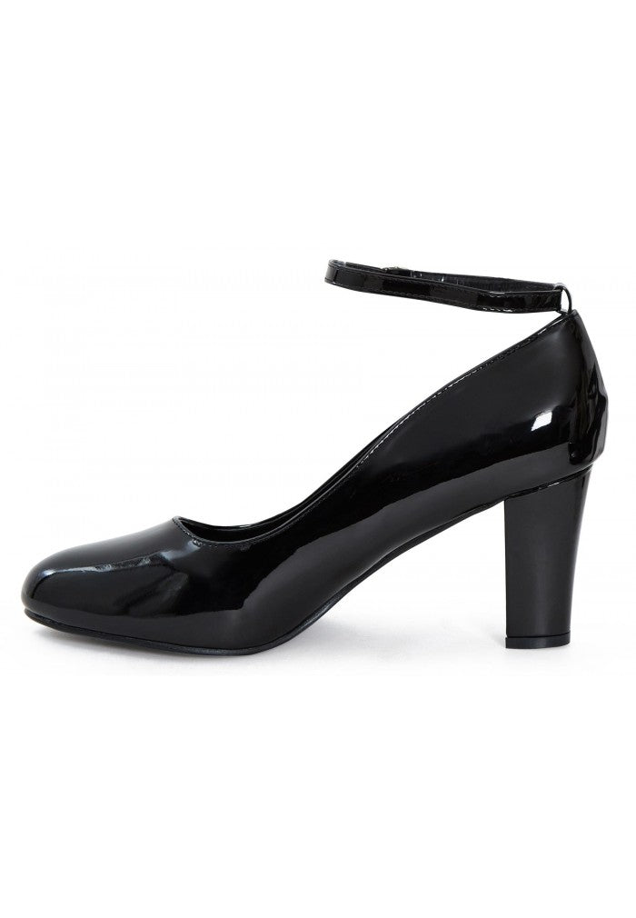 Womens Ankle Strap Mid Block Heel Black Patent